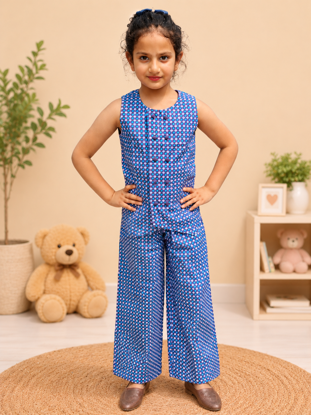 Trending checkered printed waist cost style Co-Ord Set for girls