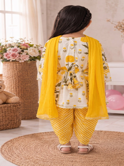 Block Printed Mugalbuta (Yellow  on white) side tie up gathered kurti with Lahariya tulip pants