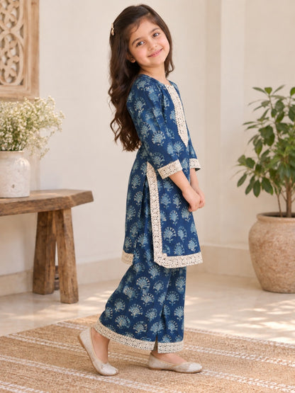Blue Block Printed Straight Kurta with Palazzo