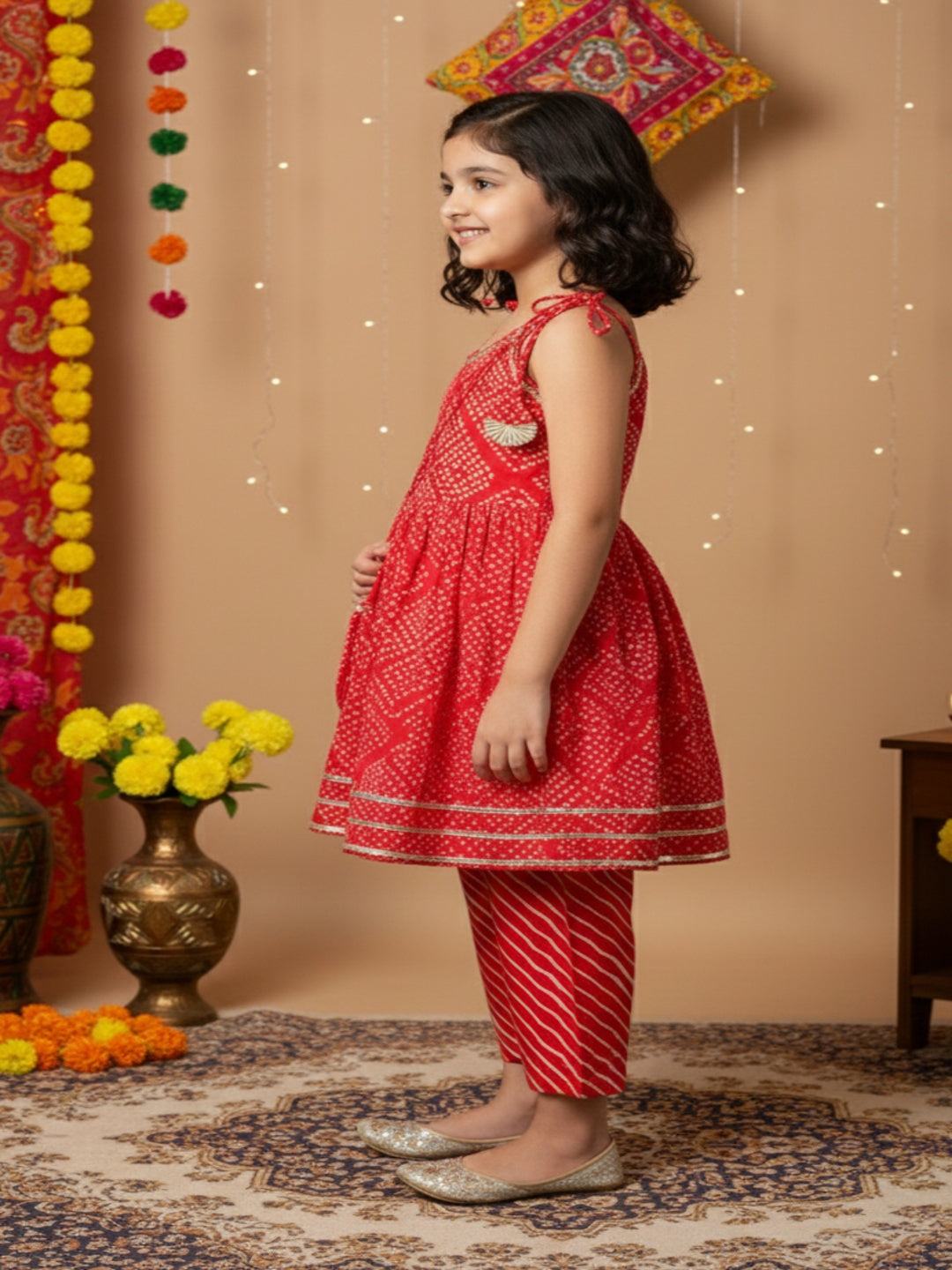 Jaipuri Print Red Colour Girls Flare Suit Set