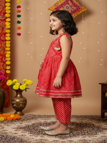 Jaipuri Print Red Colour Girls Flare Suit Set