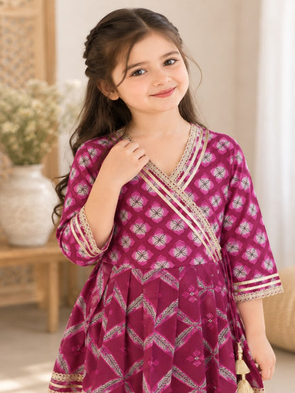 Jaal Butta  Print Wine Coloured Anarkali Suit with Sharara