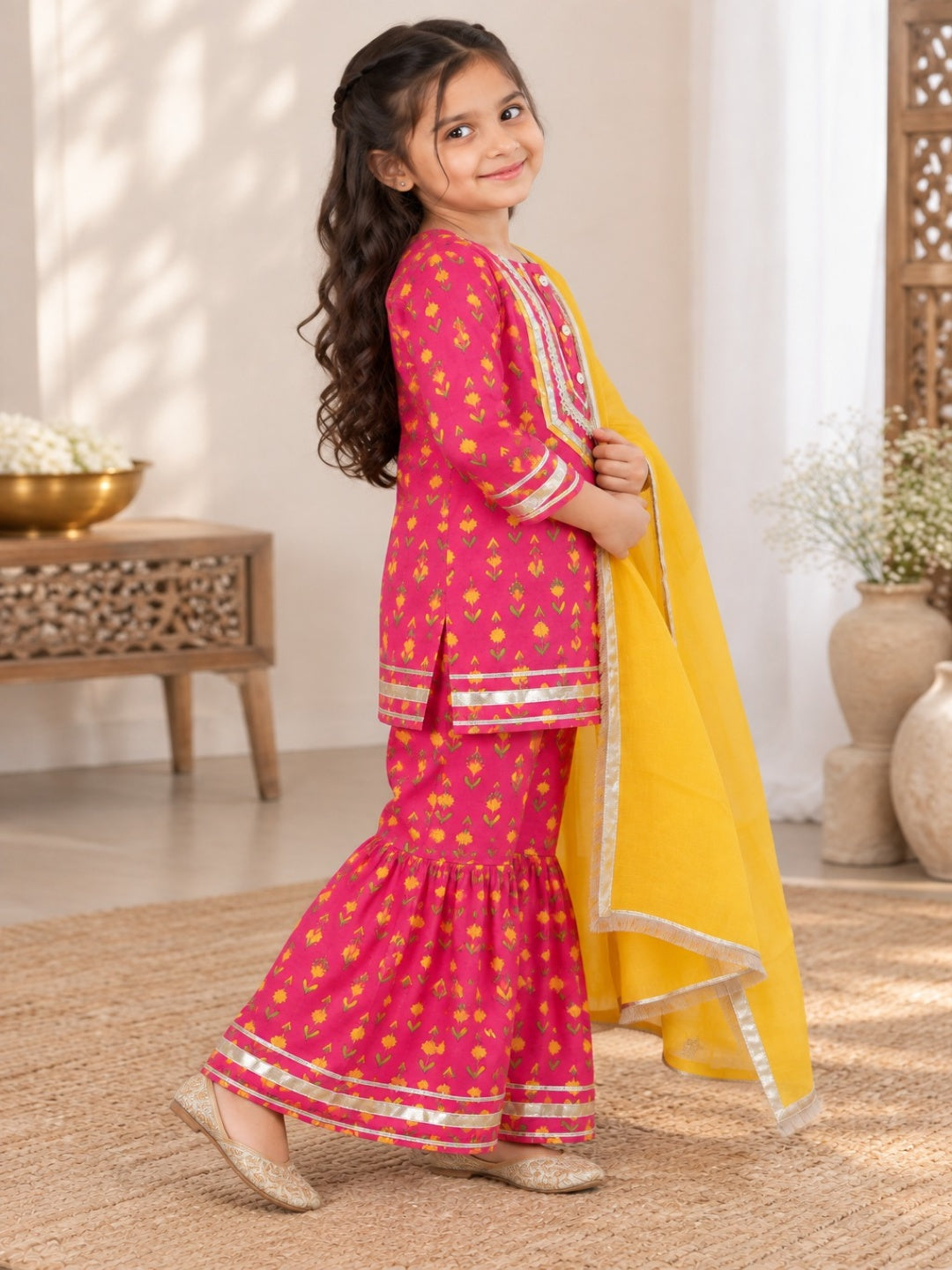 Ethnic wear Screen Printed Pink Kurta With Sharara Set