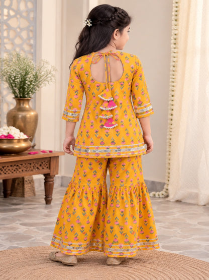 Screen Printed Yellow Kurta With Sharara Set