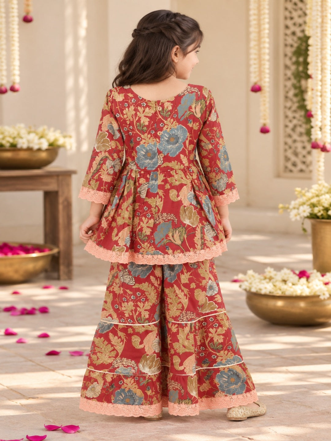 Floral Gathered Maroon Kurta With Sharara Set
