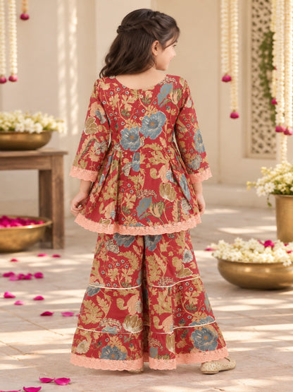 Floral Gathered Maroon Kurta With Sharara Set