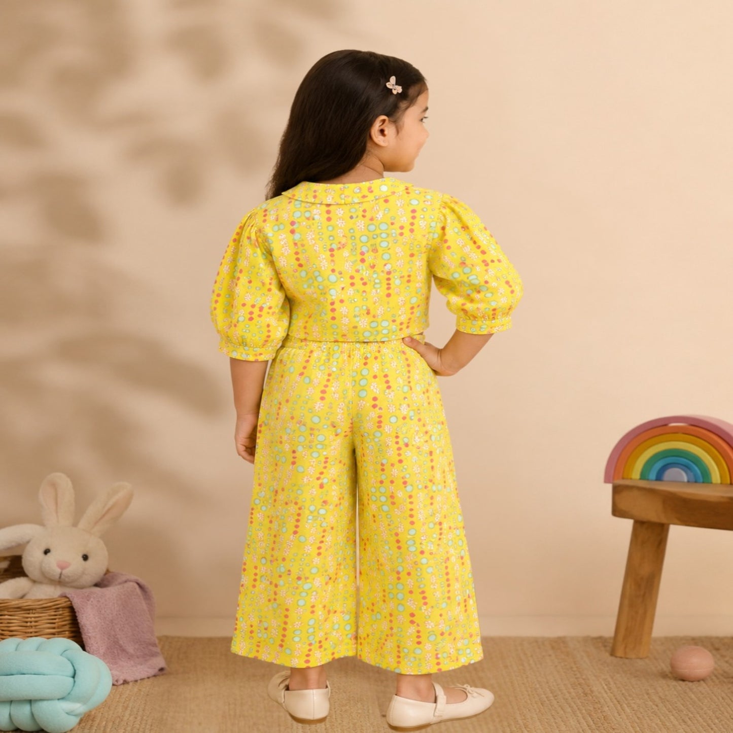 Yellow Coloured polka dots Printed Girls Co-Ords