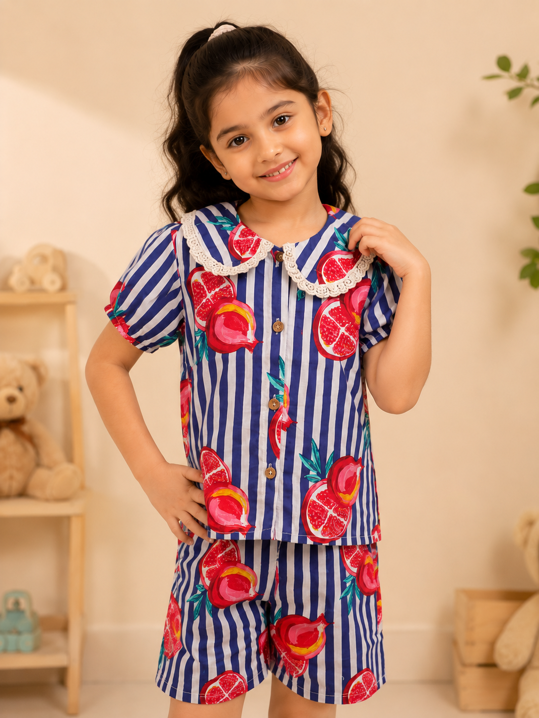 Striped-quirky-fruit  printed Cord-Set  for Girls