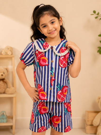 Striped-quirky-fruit  printed Cord-Set  for Girls