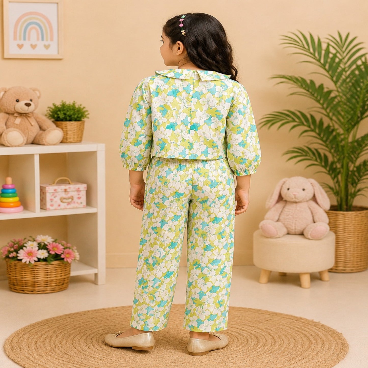 White Flower Printed Girls Co-Ords
