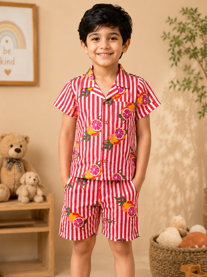 Boys' Striped Quirky Fruit Print Co-ord Set. Handcrafted Cambric Cotton Half Sleeve Shirt & Shorts Set for Comfortable Casual Wear