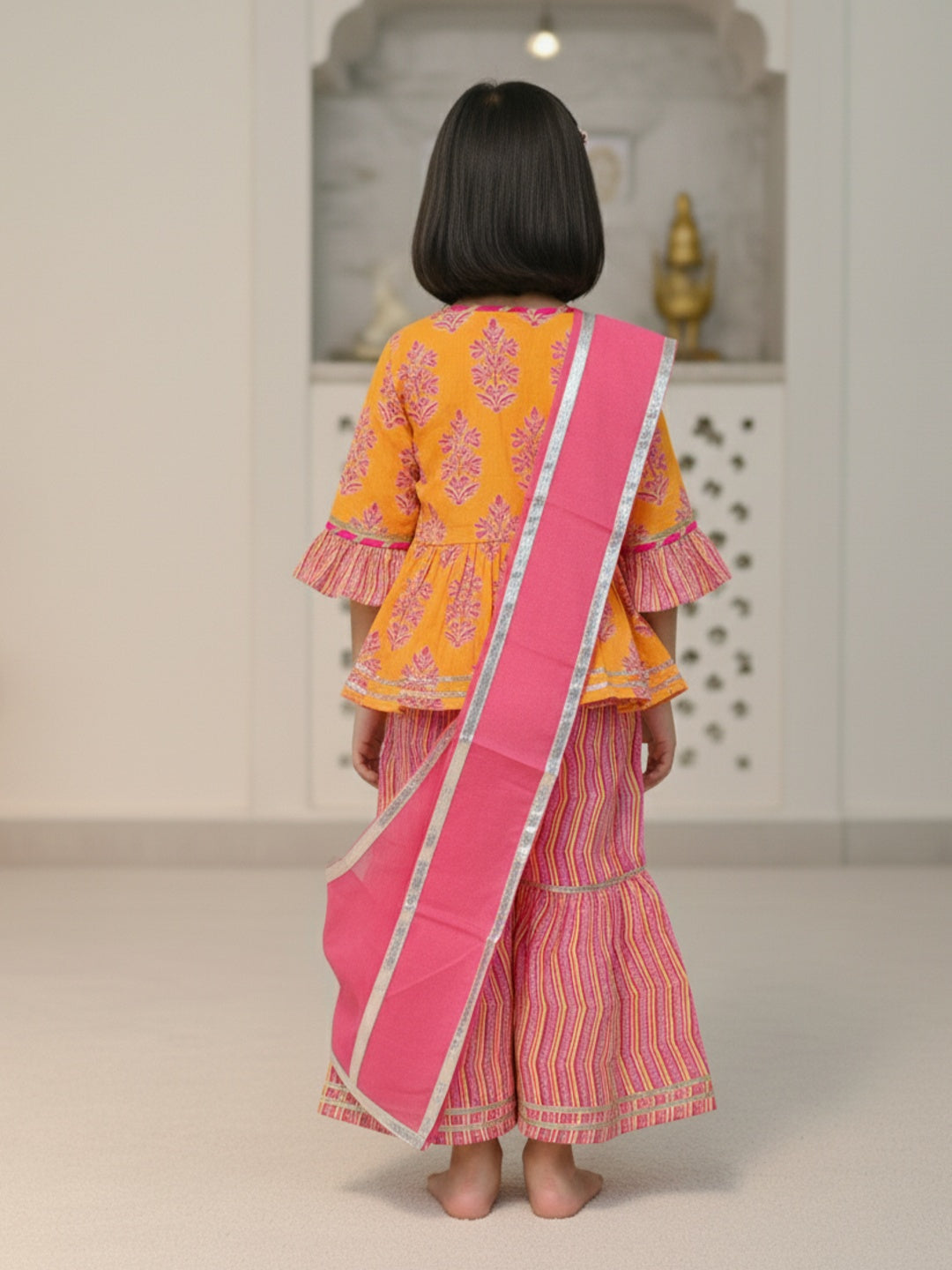 Block Printed Yellow & Pink Coloured Anarkali Suit with Sharara