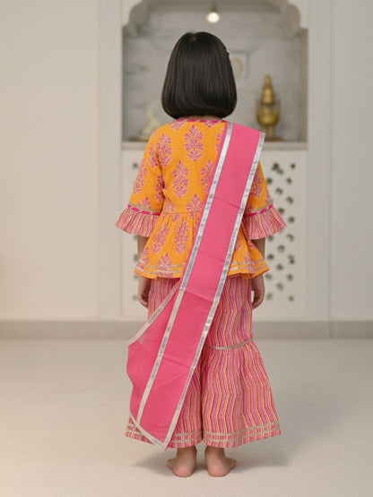 Block Printed Yellow & Pink Coloured Anarkali Suit with Sharara