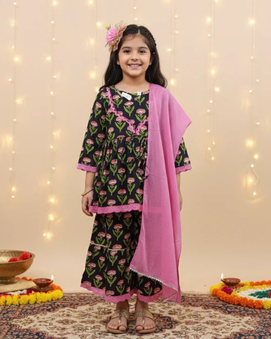 Floral Gathered Black Kurta With Sharara Set