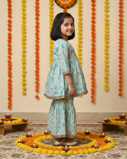 Tea Green Colour floral Print Ankarkali Suit with Sharara