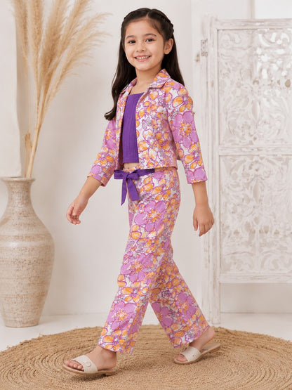 Purple Floral Printed 3 Piece Girls Co-Ords