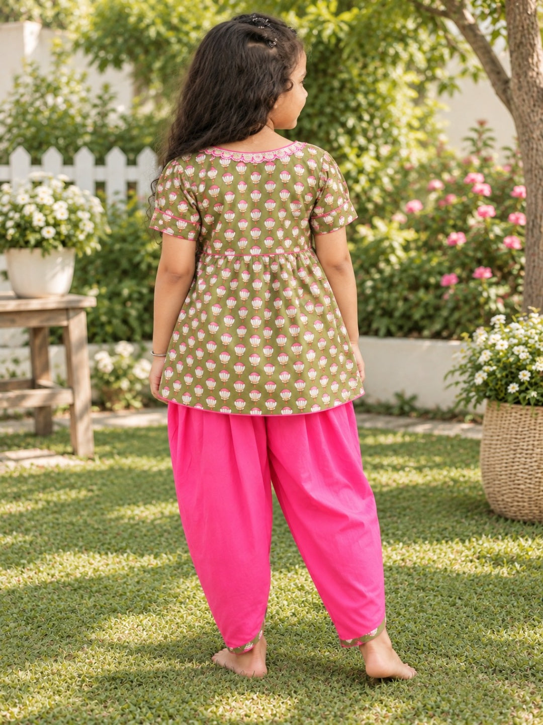 Girls  Lotus Buti Angrakha Kurti with Tulip Pant