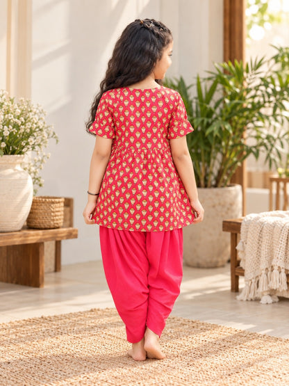Red Lotus Buti Angrakha Kurti with Tulip Pant