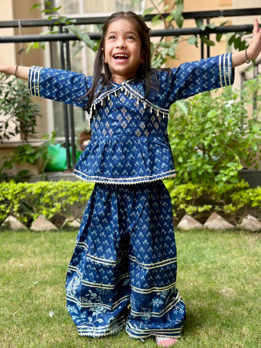 Blue Floral Printed  Gathered Kurta with Palazzo