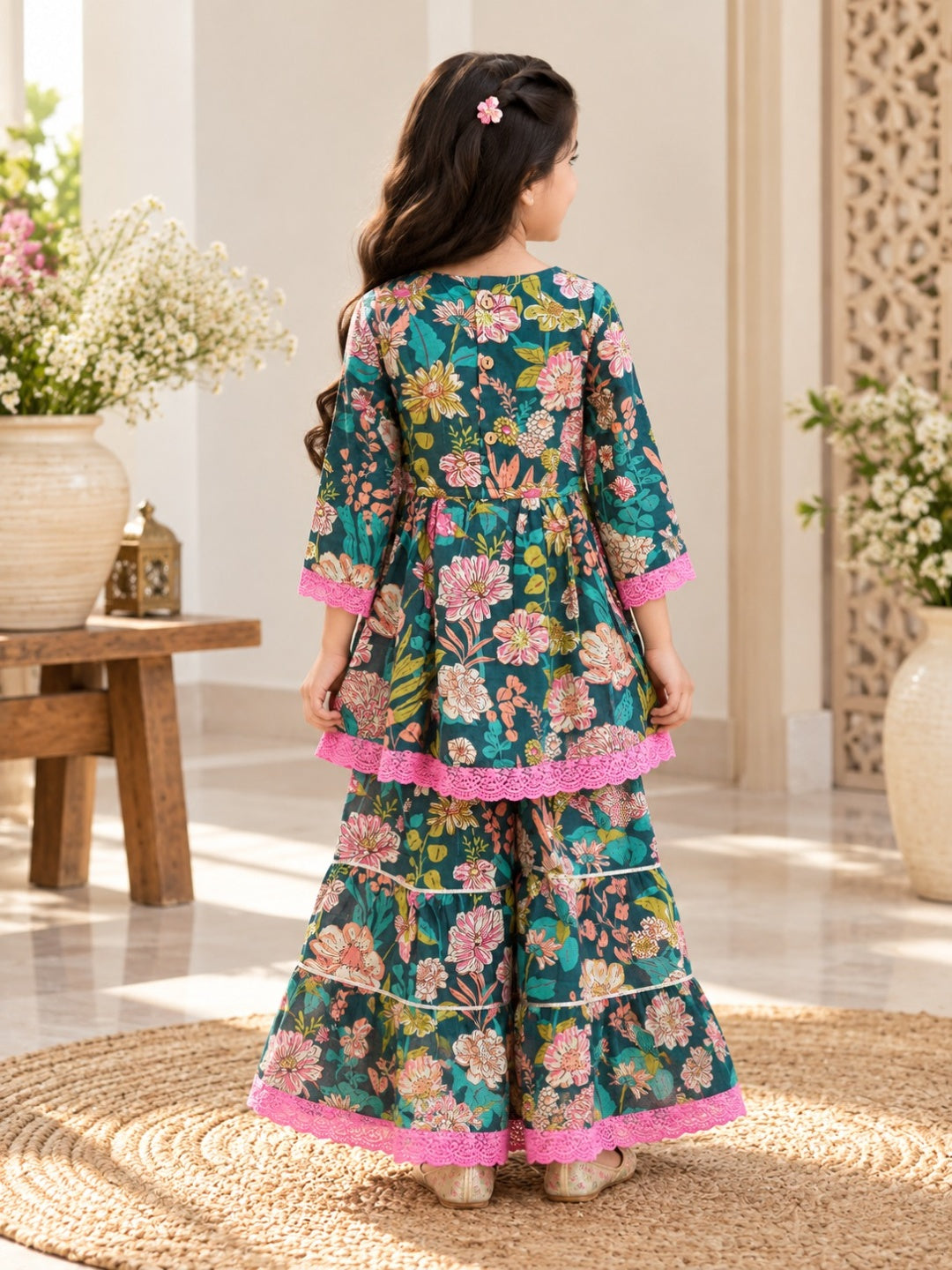 Ethnic Gathered Olive Green Kurta With Sharara Set