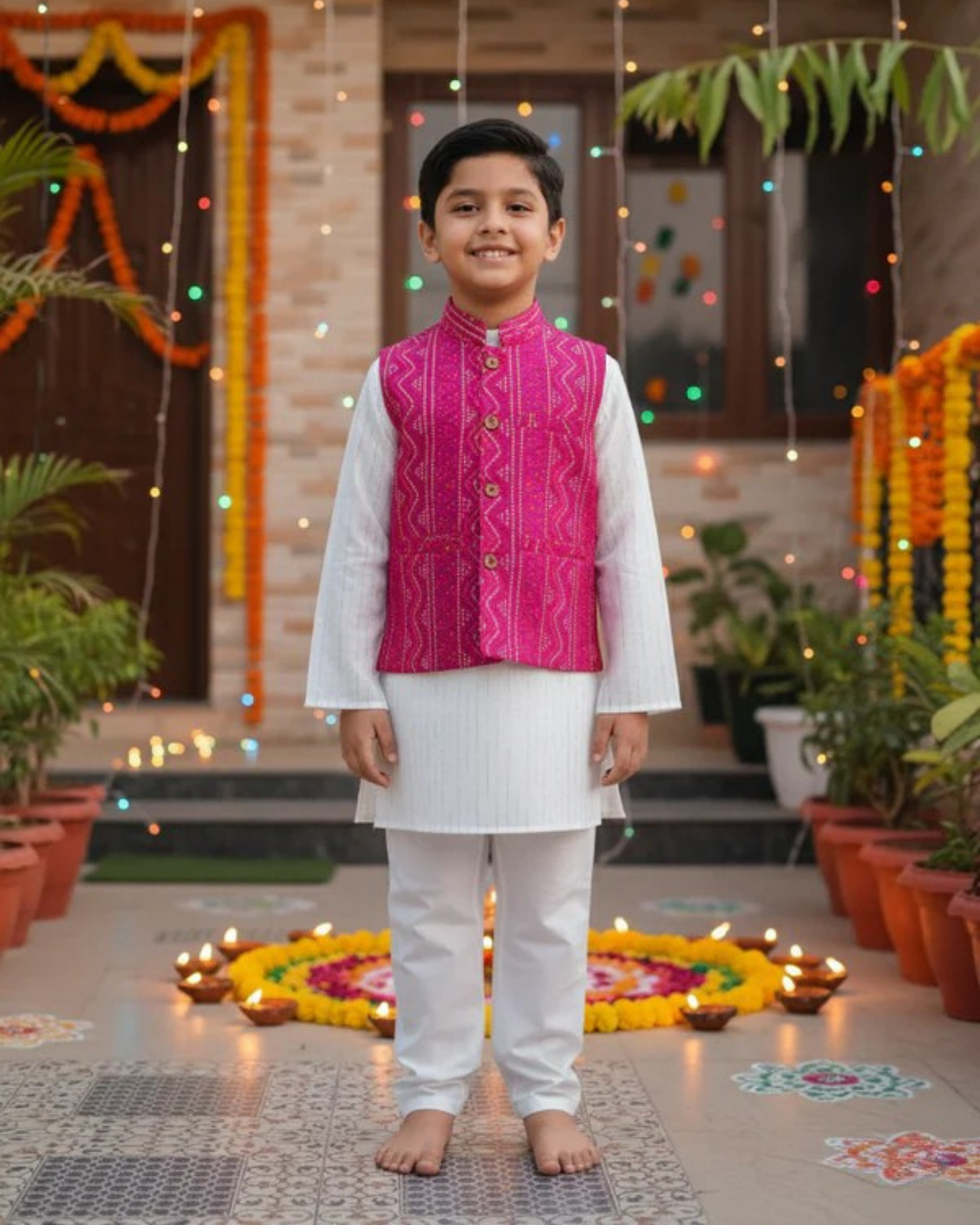 Pink Bandhej Jacket With Lurex Kurta Pyjama