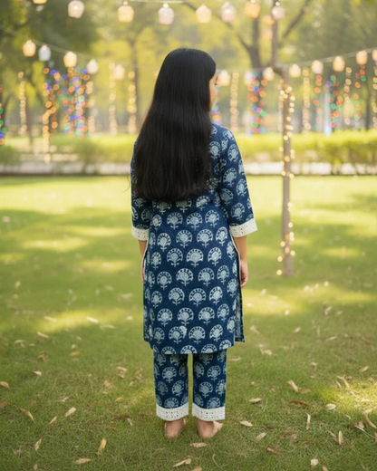 Blue Block Printed Straight Kurta with Palazzo