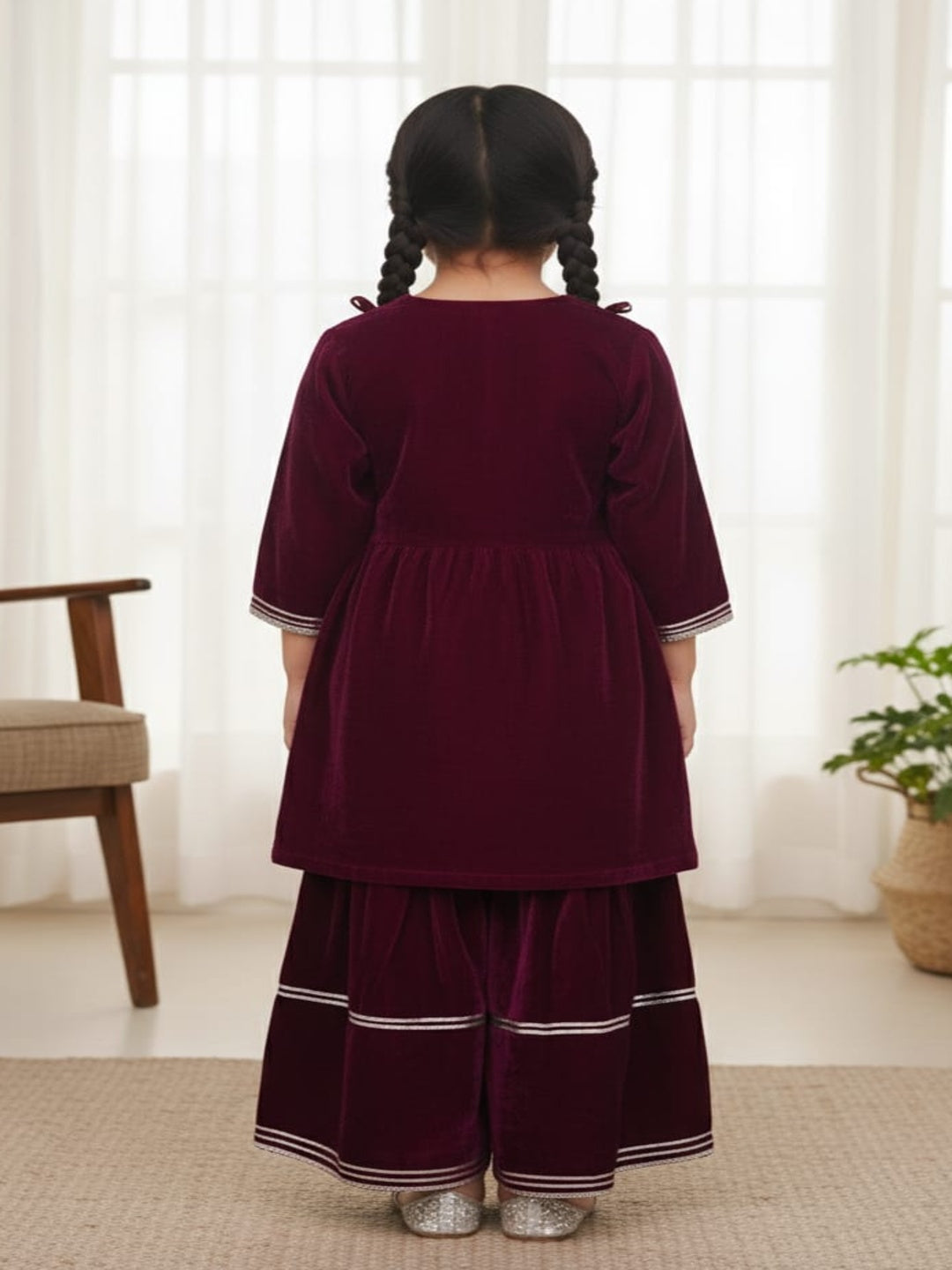 Wine Coloured Alia Cut Velvet  Kurti With Sharara