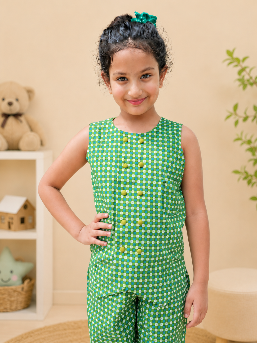 Trending checkered printed waist cost style Co-Ord Set for girls