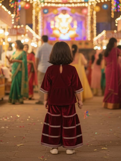 Maroon Coloured Mirror-Embroidery Velvet  Kurti With Sharara