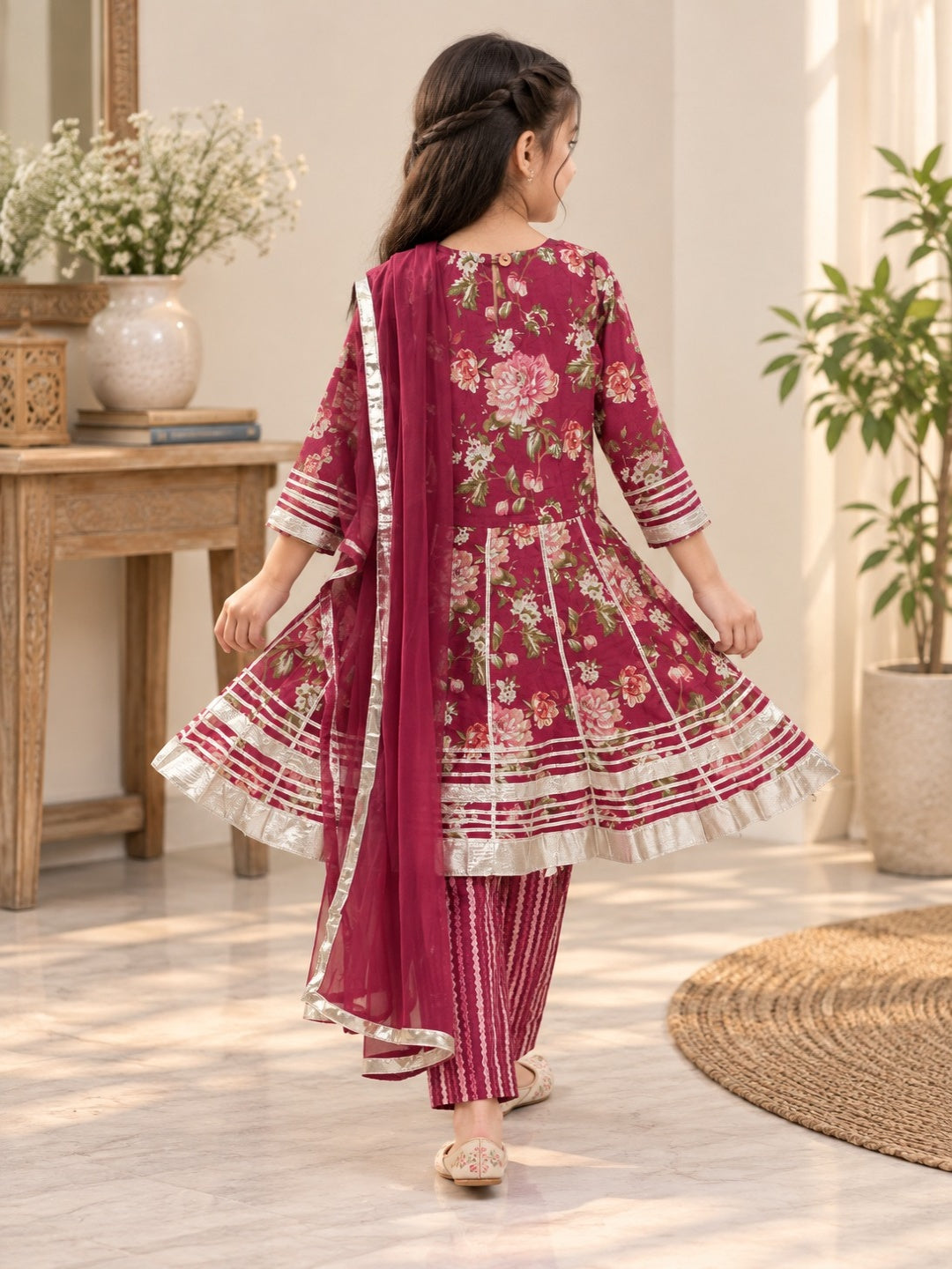 Ethnic Floral Printed Girls Flare Suit Set