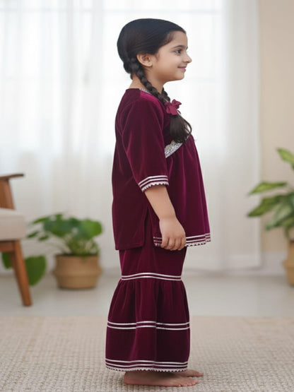 Pink Coloured Alia Cut Velvet Kurti With Sharara