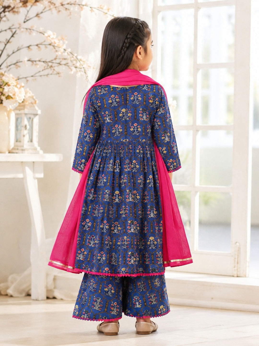 Navy Blue ColourMughal Boota, screen printed Girls Flare Suit Set