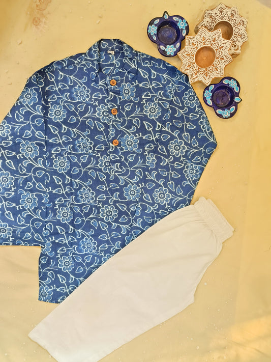 Indigo blue discharge printed Kurta -Pyjama