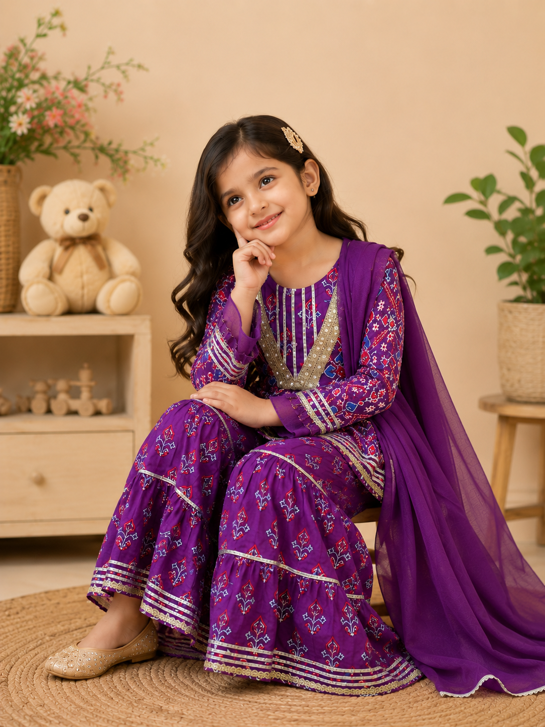 Girls Patola Printed Cambric Cotton Kurti Sharara Set with Dupatta
