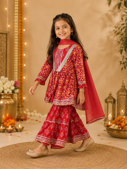 Girls Patola Printed Cambric Cotton Kurti Sharara Set with Dupatta