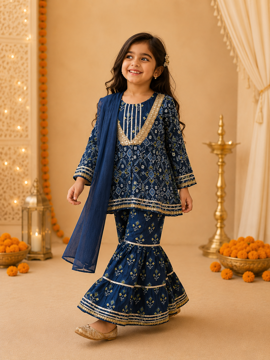 Girls Patola Printed Cambric Cotton Kurti Sharara Set with Dupatta