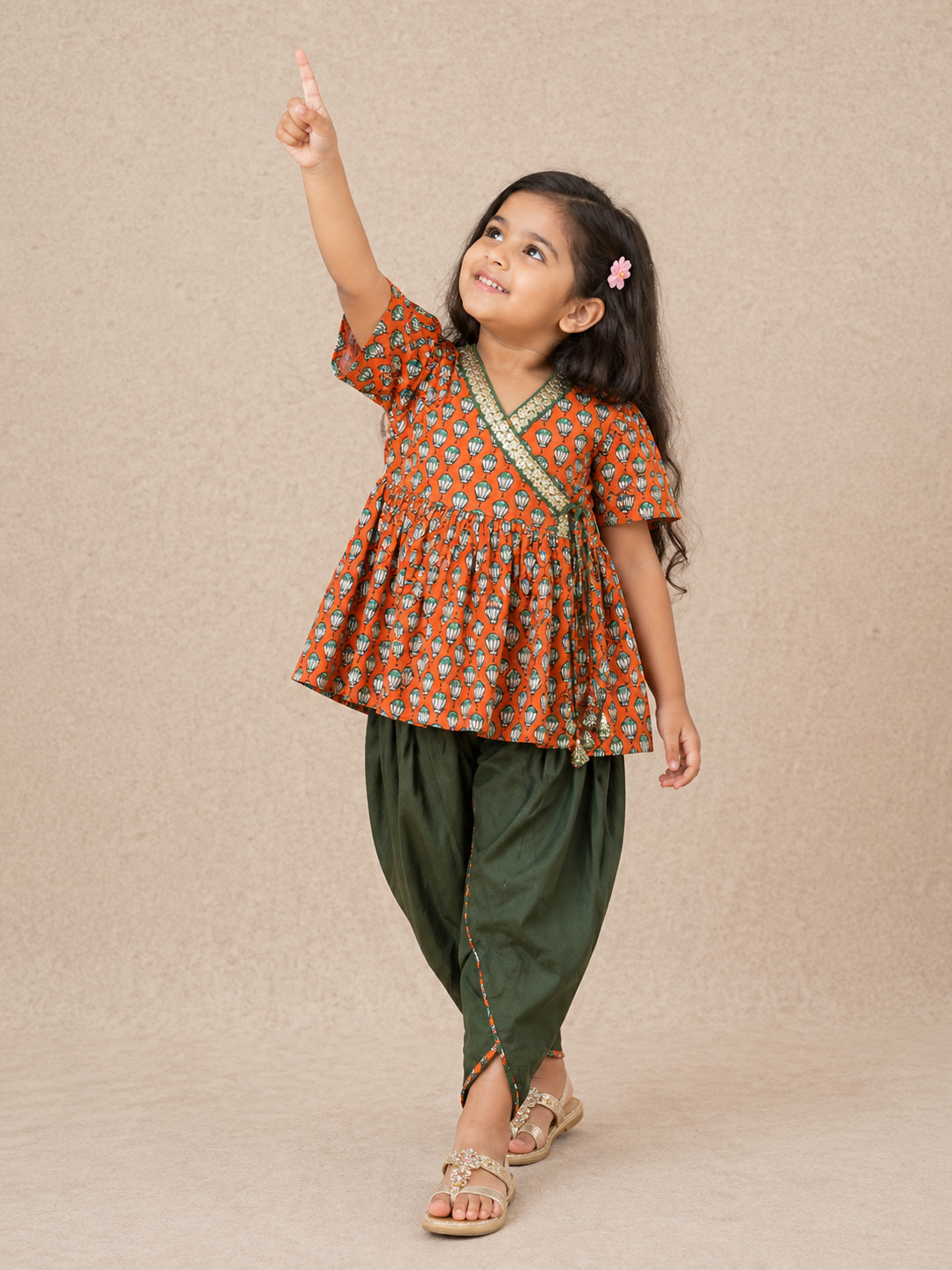 Girls Magenta Pink Lotus Buti Angrakha Kurti with Tulip Pant