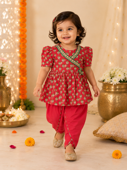 Girls Magenta Pink Lotus Buti Angrakha Kurti with Tulip Pant
