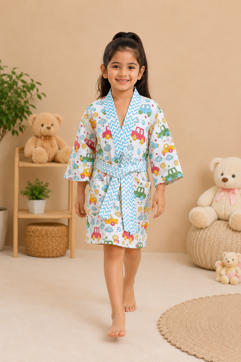 Girls Cotton Waffle Bathrobe with Cute Giraffe and  car Print & Belt