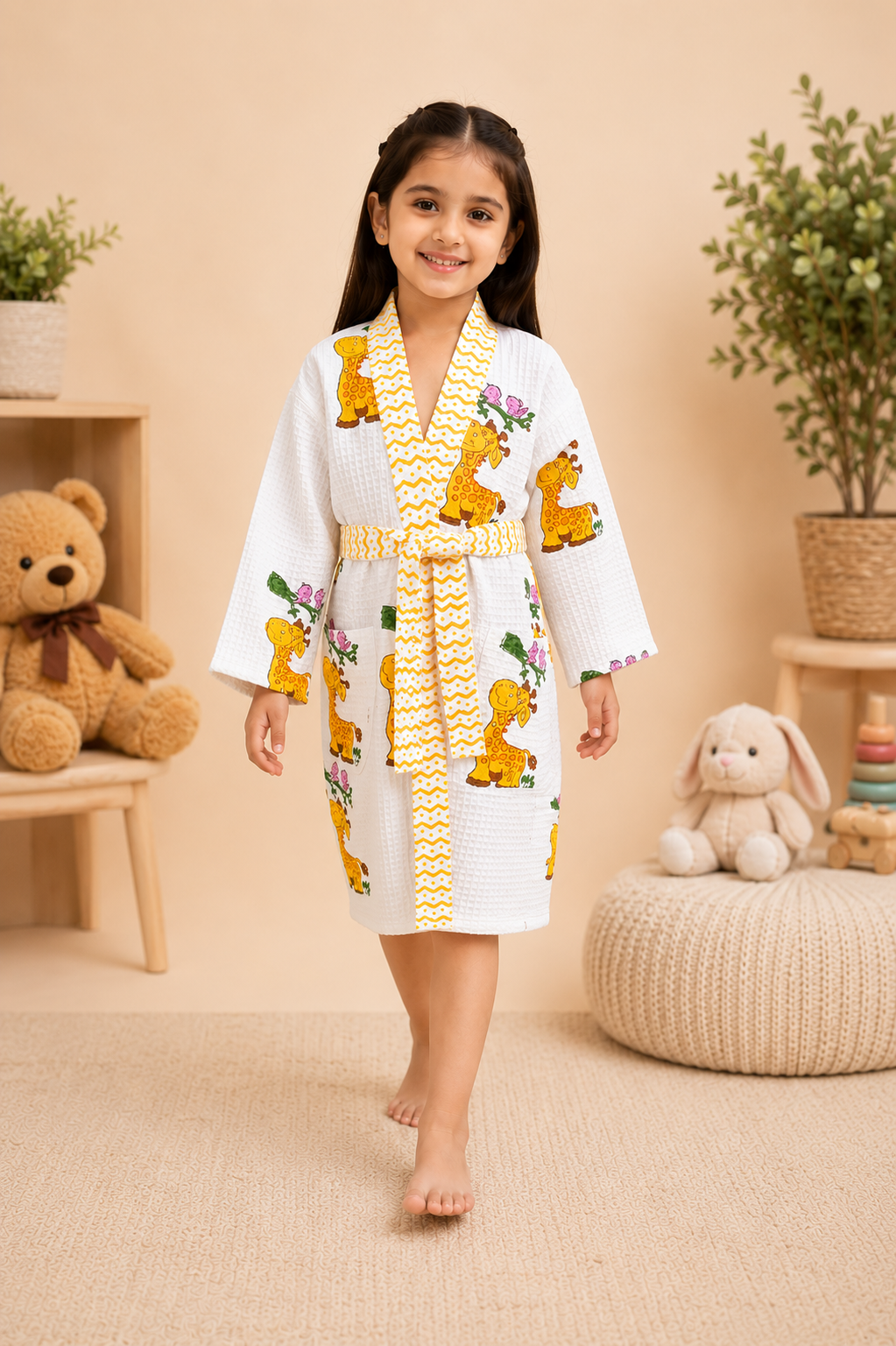 Girls Cotton Waffle Bathrobe with Cute Giraffe and  car Print & Belt