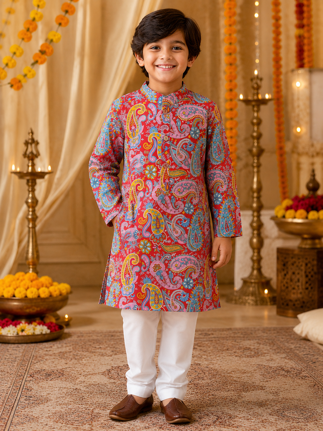 Boys Paisley Printed Cambric Cotton Kurta Pyjama Set
