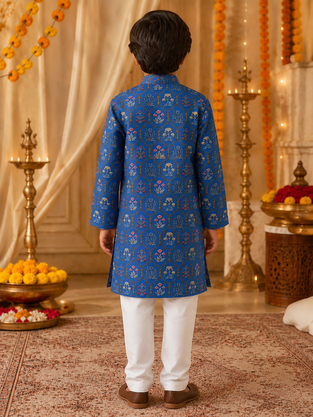 Boys Mughal Boota Printed Cambric Cotton Kurta Pyjama Set
