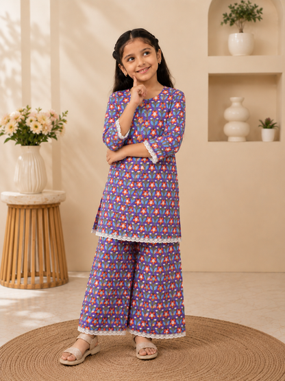 Girls Floral Printed Cambric Cotton Straight Kurta with Palazzo Set