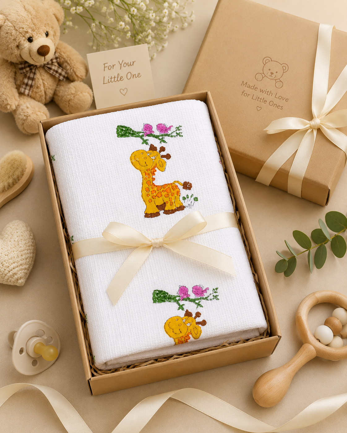 Kids White Waffle Cotton Bath Towel with Cute Giraffe Print
