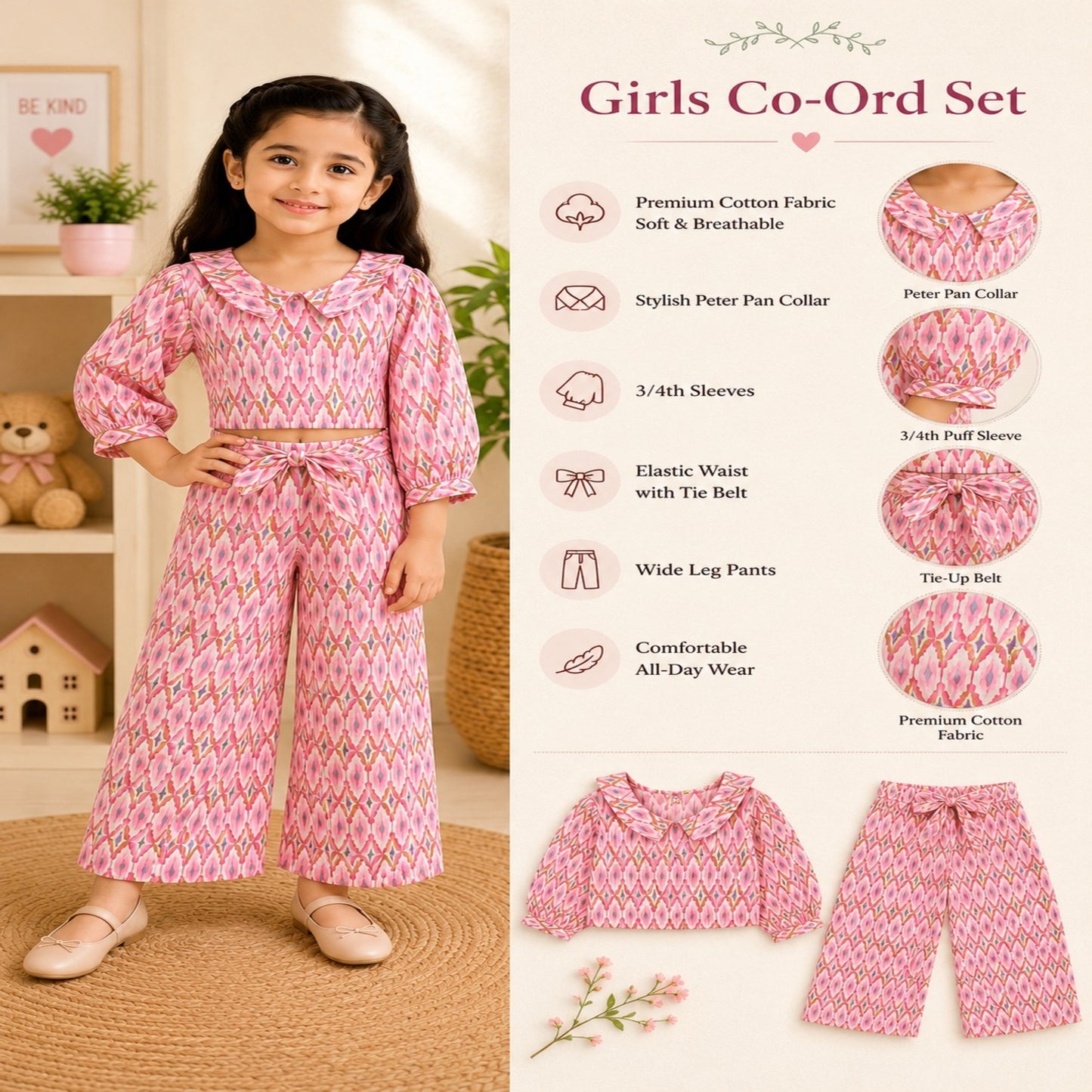 Pink Ikat Printed Girls Co-Ords