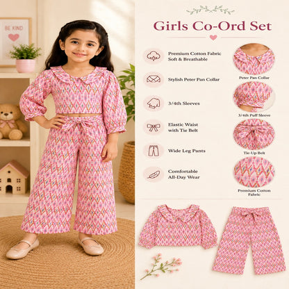 Pink Ikat Printed Girls Co-Ords