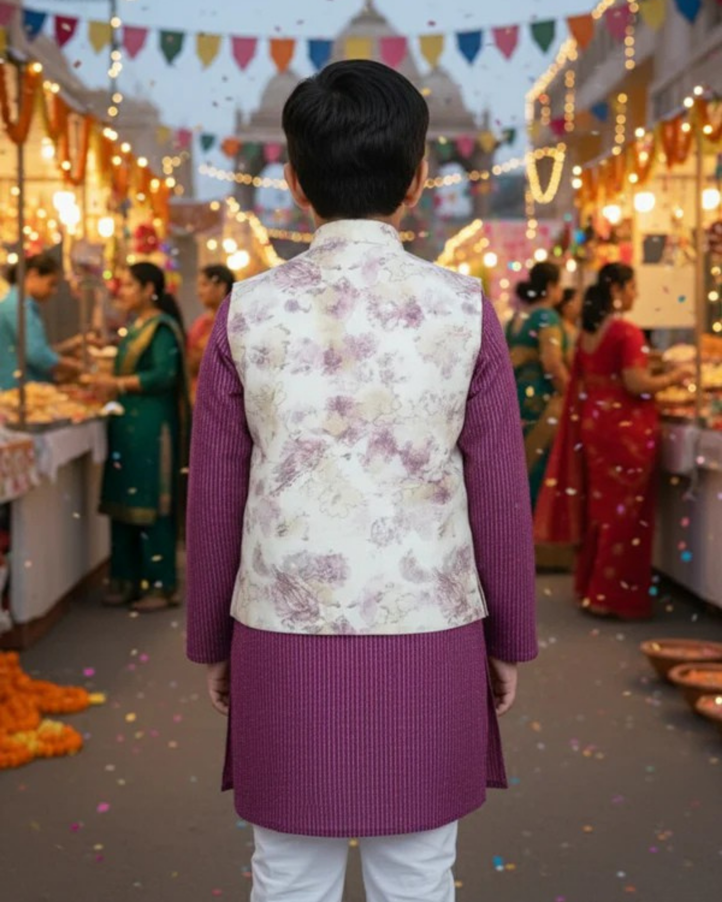 Abstract cream/Purple print Jacket with Kurta -Pyjama