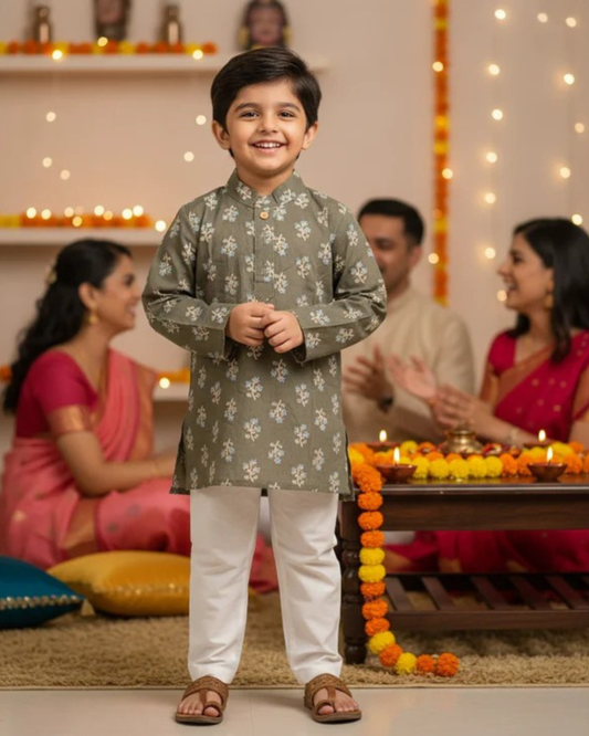 Olive green block printed Kurta -Pyjama