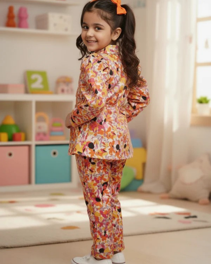 Orange Colour Flower Print Girls Co-Ord Set