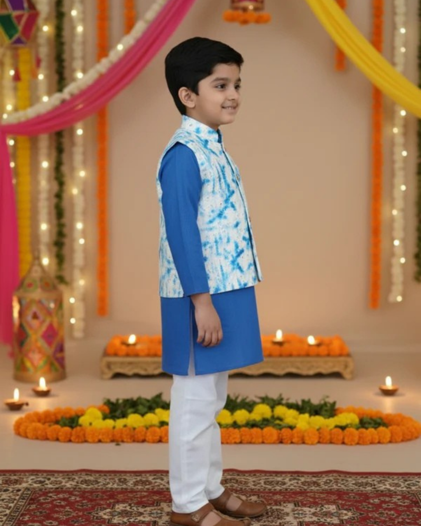 Schiffli Blue Jacket with Kurta -Pyjama